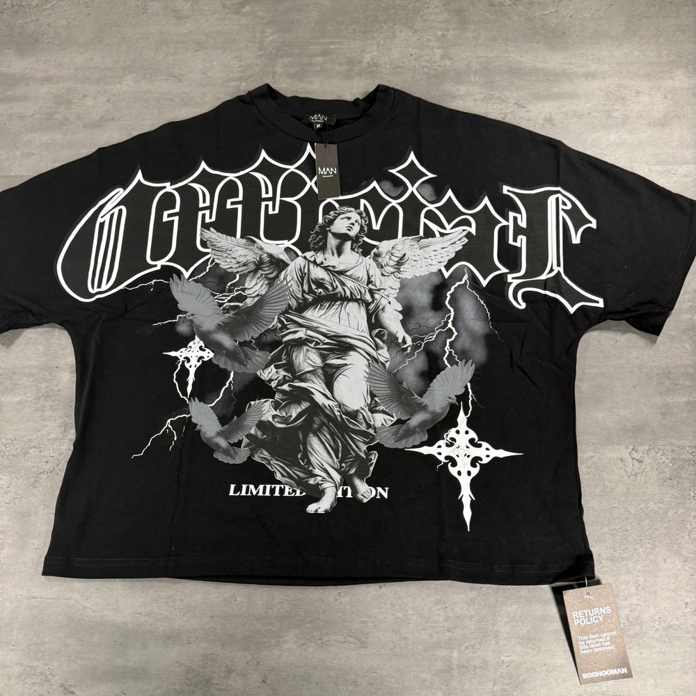 boohooMAN T-Shirt M Oversized Angel Dove Graphic Black Streetwear Pump Cover